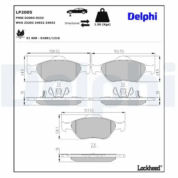 DELPHI LP2005 | Fren Balatası Ön Toyota Yaris 06-18 1.0-1.3 VVTi 1.4D D4D 1.5 Hybrid