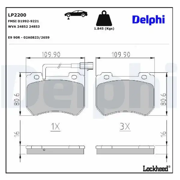 DELPHI LP2200 | Fren Balatası Ön Fişli Alfa Romeo 159 1.8/1.9/2.2/2.4/3.2 05-11 Brera 1.8/2.2/3.2 06-11