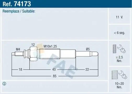 FAE 74173 | Kızdırma Bujisi Ranger 2 5d Mazda Bt50 2 5d K2700 Pregıo