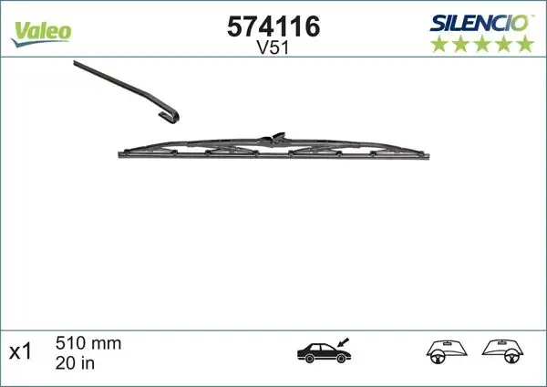 VALEO 574116 | Silecek Süpürgesi Sılencıo Yolcu Tarafı 510mm (Renault Megane / Peugeot 306 / Citroen Xsara) 51 /