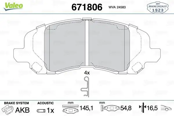 VALEO 671806 | Fren Balatası Ön-Jeep Chrysler Compass 07-Patrıot 07-Lancıa Flavıa 12-Sebrıng 06-11