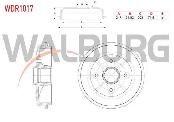 WALBURG WDR1017 | Fren Kampanası Arka 4 Delik 247x51 92x203x71 5 Peugeot 106