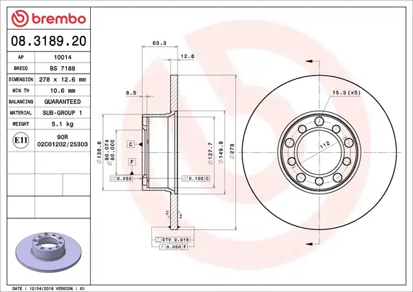 BREMBO 08-3189-20 | Fren Diski Ön Mercedes W123 114 115 123 68 86 2 Adet
