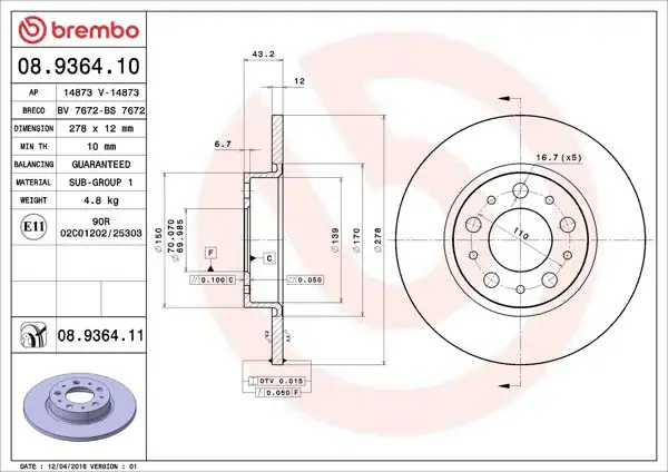 BREMBO 08.9364.11 | Fren Diski Arka Alfa Romeo 500 X/159/Giulietta/Spider/Brera Jeep Renegade | 2 Adet