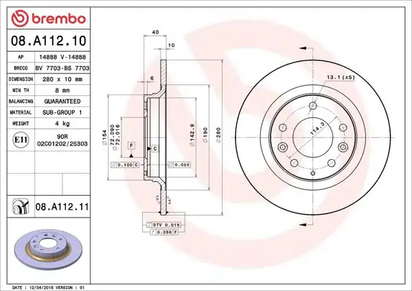BREMBO 08.A112.10 | Fren Diski Arka Standard Mazda | 2 Adet