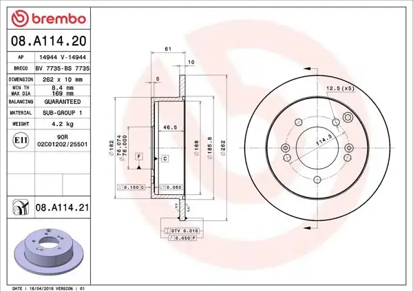 BREMBO 08.A114.21 | Fren Diski Arka UV Coated Hyundai | 2 Adet