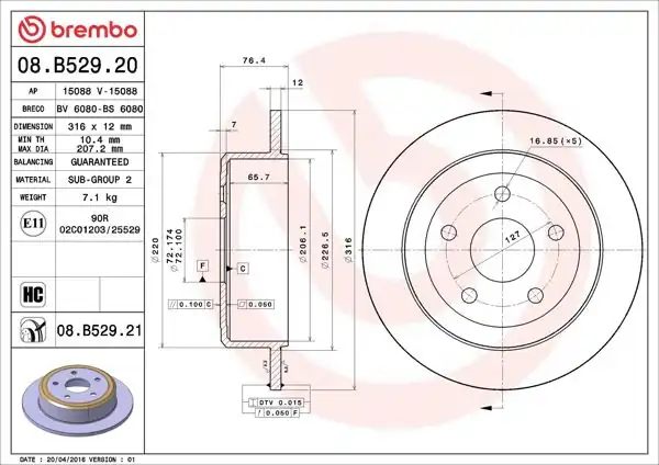BREMBO 08.B529.21 | Fren Diski Arka UV Coated Jeep | 2 Adet