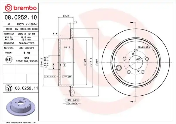 BREMBO 08.C252.11 | Fren Diski Arka Subaru Impreza 1.5/1.6 02-