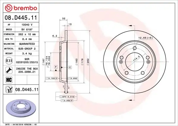 BREMBO 08.D445.11 | Fren Diski Arka UV Coated Hyundai | 2 Adet