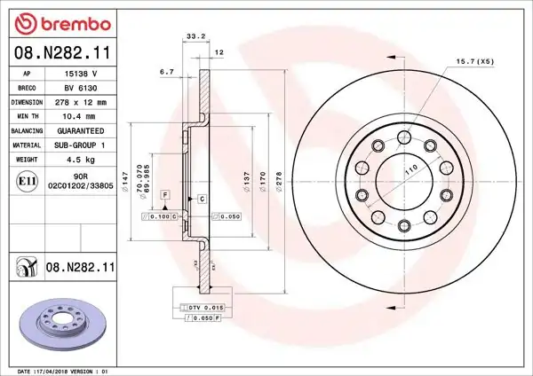 BREMBO 08.N282.11 | Fren Diski Arka UV Coated Chrysler | 2 Adet
