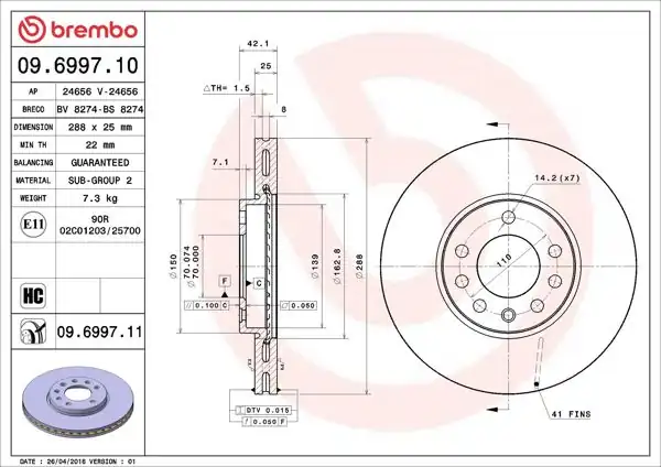 BREMBO 09.6997.10 | Fren Diski Ön Arka Standard Chevrolet | 2 Adet