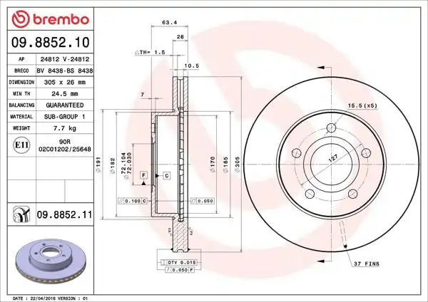 BREMBO 09.8852.11 | Fren Diski Ön UV Coated Jeep | 2 Adet