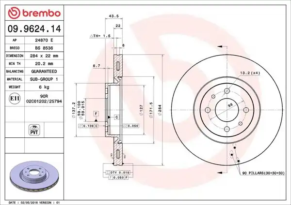 BREMBO 09.9624.14 | Fren Diski Ön Standard Alfa Romeo | 2 Adet