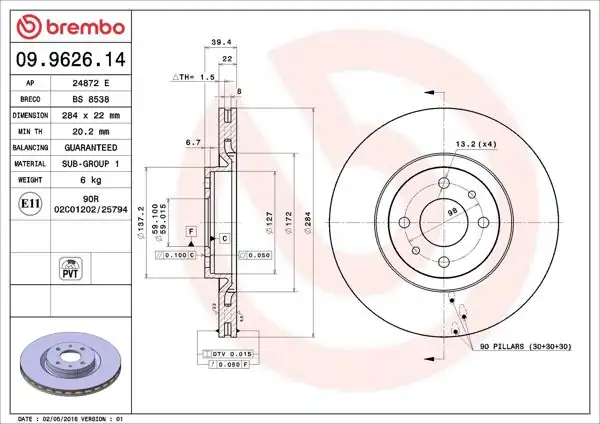 BREMBO 09.9626.14 | Fren Diski Ön Standard Alfa Romeo 145-146-155, Punto 1.9 JTD, Tipo 2.0 | 2 Adet
