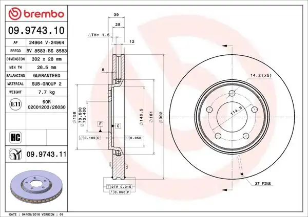 BREMBO 09.9743.11 | Fren Diski Ön UV Coated Chrysler | 2 Adet