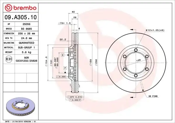 BREMBO 09.A305.10 | Fren Diski Ön Havalı Isuzu Dmax 2Wd 02-/ 256×6 | 2 Adet