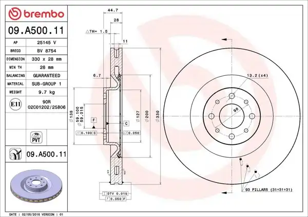 BREMBO 09.A500.11 | Fren Diski Ön UV Coated Lancıa | 2 Adet
