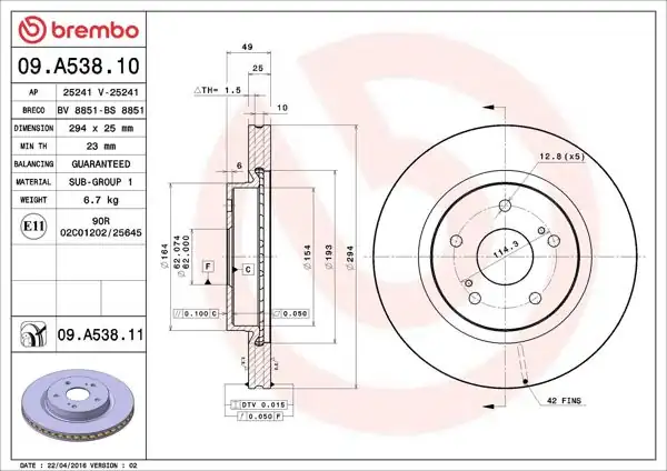 BREMBO 09.A538.10 | Fren Diski Ön Havalı-(294-5)-(Suzuki Grand-Vitara 06 / 12)