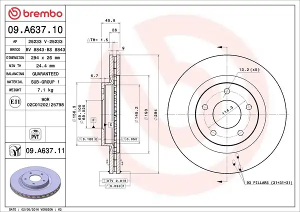 BREMBO 09.A637.10 | Fren Diski Ön Havalı (294-5)-(Mitsubishi Asx 2010 / Chrysler Sebrıng 07 / 10 | 2 Adet