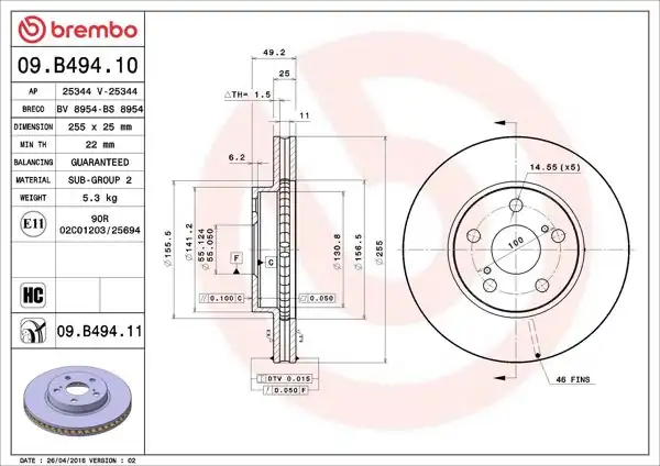BREMBO 09.B494.10 | Fren Diski Ön Standard Toyota | 2 Adet