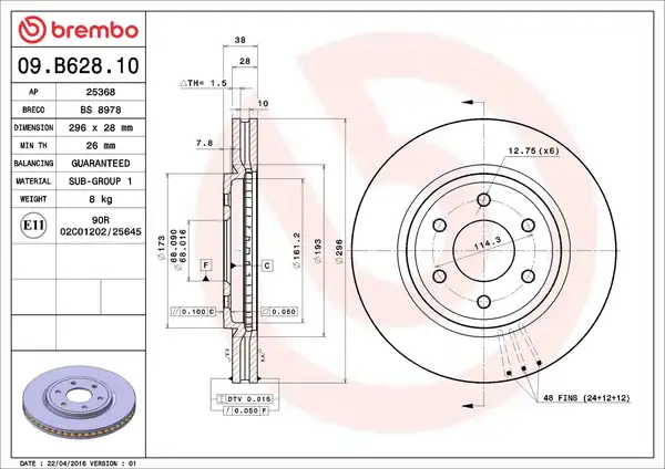 BREMBO 09-B628-10 | Fren Disk Ön Hava Kanallı 296 6 Nissan Navara 05 11 Pathfinder 05 11 16 Jant 1 Adet