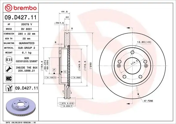 BREMBO 09.D427.11 | Fren Diski Ön UV Coated Hyundai | 2 Adet