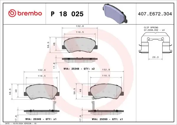 BREMBO P18025 | Fren Balatası Ön-(Hyundai Accent Blue 12 / 14 / i20 12 / Hyundai H350 15 / 2.5 CRDI