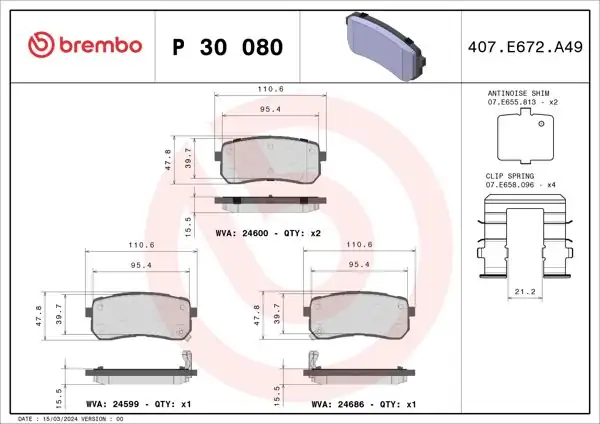 BREMBO P30080 | Fren Balatası Arka Hyundai H1 Starex 07-/ Ix55 3.8 V6 4×4 08-/ Kia Carnıval 06-/ Sorento 15-/