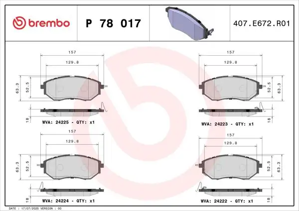 BREMBO P78017 | Balata Fren Ön (Subaru Forester 2.0 12-/ / Legacy 03-09 / Outback 14-/ Levorg)
