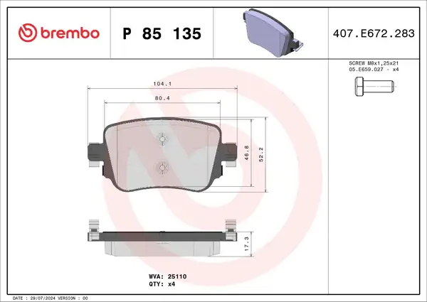 BREMBO P85135 | Fren Balatası Arka VW Caddy 16 Golf 16 Passat 15 Polo 18 Seat Leon 13 16 Skoda Octavia 13 17