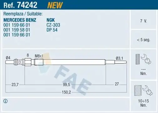 FAE 74242 | Kızdırma Bujisi W169 04 12 W204 09 14 W205 14 18 W212 09 16 W447 14 Sprinter 09