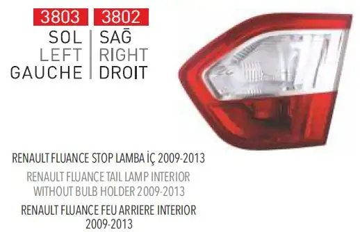 PLEKSAN 3802 | Stop Lambası İç Sağ Renault Fluence 2009 2013