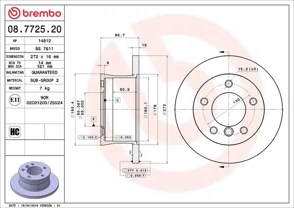 BREMBO 08-7725-20 | Fren Diski Tek Disk Arka Vag Lt28 35 46 M Benz 461 463 901 902 903 904 909 97 24
