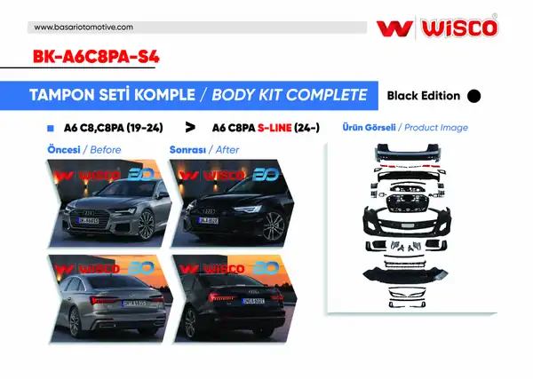 Wisco BK A6c8pa S4 Tampon Seti Komple Ön Arka Black Edition Audi A6 C8 S Line 19 24 19 24 Arası A6 Sedan İçin Uyumludur