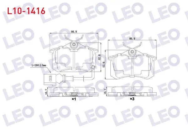 LEO L10-1416 | Fren Balata Arka Fişli VW Polo (9N_) 1.6İ 16V 2001-2012 / 1.4 TDI 2001-2012 / 1.4İ 16V 2001-2012 / 1.9 TDI 2001-2012 / A3 (8P1) 1.6 2003-2012 / 1.8 T 2003-2012 / A1 (8X1) 1.4 TFSI 2010 -