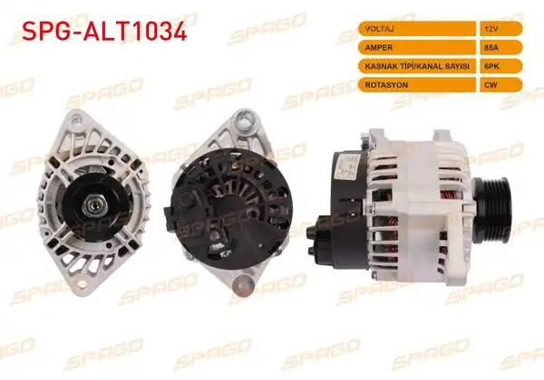 SPAGO SPG-ALT1034 | Alternatör 12V 85A 6Pk (Alt473) Doblo-Strada-Stilo-Bravo (1.9 Dizel Araclar İçin)
