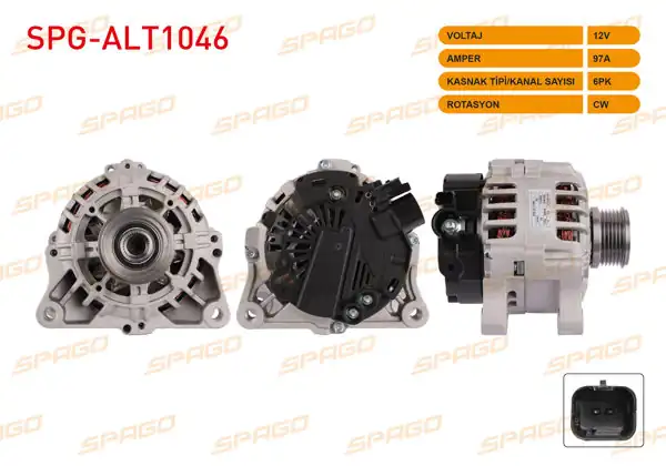 SPAGO SPG-ALT1046 | Alternatör 12V 97A 6Pk Ducato 01-06 / Boxer 01-06 / Jumper 01-06 (2.0 2.2 Dizel Araclar İçin)