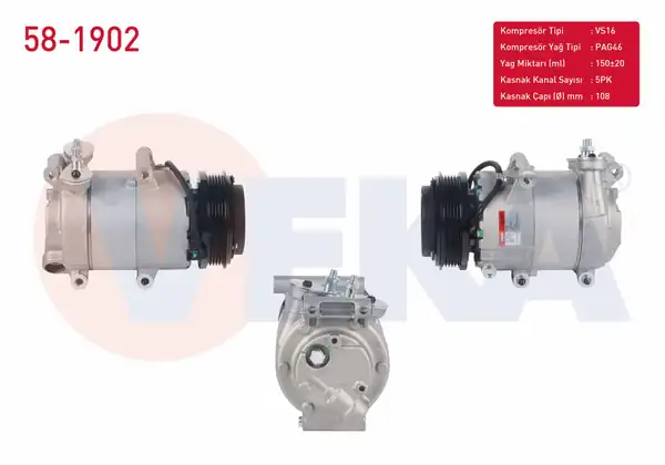 VEKA 58-1902 | Klima Kompresörü 5Pk 108mm Ford Focus II 1.6İ 2004-2011 / C-Max I 1.6İ 2007-2011 / Volvo S40 II 2.0İ 2004-2012