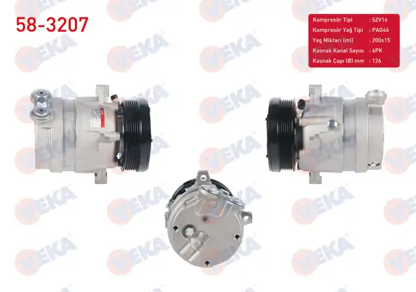 VEKA 58-3207 | Klima Kompresörü 6pk 126mm Opel Vectra A 2 0 1988 1995 Calıbra A 2 0i 1995 2003