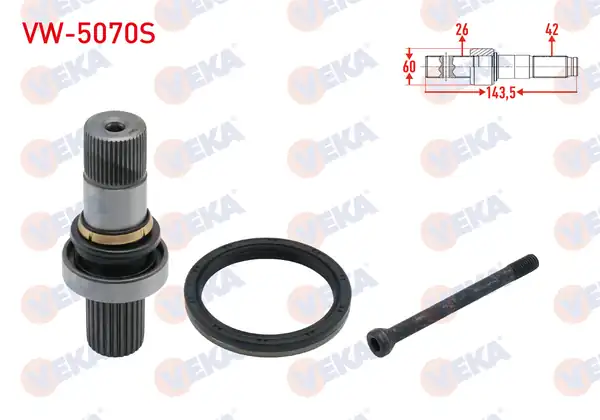 VEKA VW-5070S | Aks Kafası Sol Ön Ic Freze Ek Mili 26X42x60 Uzunluk 143,5 mm VW Transporter VI 2.0 TDI-2.0 Bıtdı 2015 -