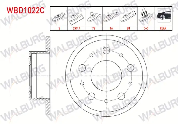 WALBURG WBD1022C | Fren Diski Arka Düz Kaplamalı 5 Bjn 16 Jant 299 7x16x79x80 2 Adet