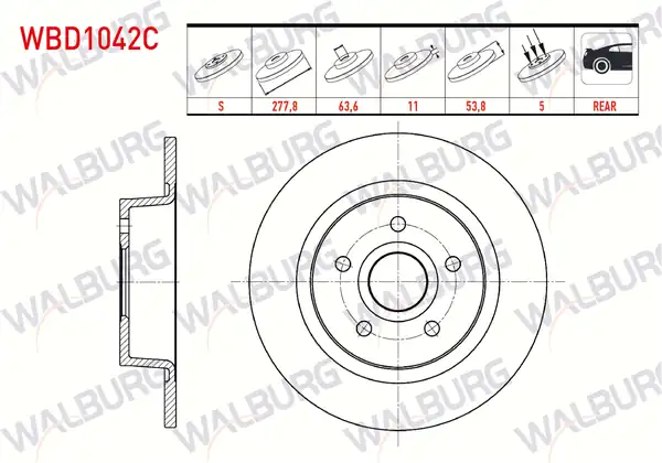 WALBURG WBD1042C | Fren Diski Arka Düz Kaplamalı 5 Bjn 277 8x11x63 7x53 8 Ford 2 Adet