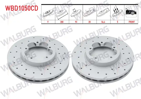 WALBURG WBD1050CD | Fren Diski Ön Havalı Kaplamalı Performans Delikli 5 Bjn 280X28x93x54,4 Ford Transit (V347) 2.2 TDCI Onden Cekıs 2006-2014 / Transit (V347) 2.4 TDCI Onden Cekıs 2006-2014 | 2 Adet