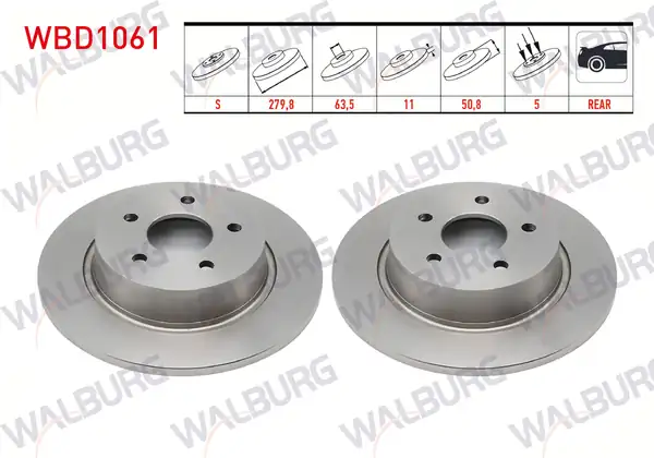 WALBURG WBD1061 | Fren Diski Arka Düz 5 Bjn 280x11x63 5x50 8 Ford Kuga II 1 6 16v 2 0 TDCI 2013 C Max II 1 6i 1 6 TDCI 2010 2 Adet