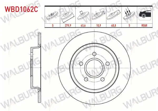 WALBURG WBD1062C | Fren Diski Arka Düz Kaplamalı 5 Bjn 279,9X10,9X63,6X40,8 Ford | 2 Adet