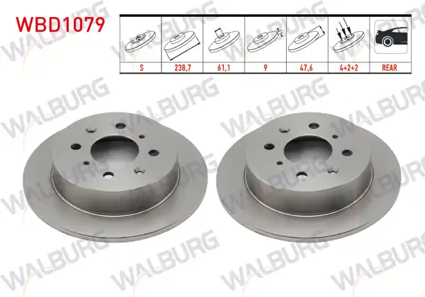 WALBURG WBD1079 | Fren Diski Arka Düz 4 Bjn 238,7X9x61,1X47,6 Honda Jazz II (Gd) 1.4İ 2002-2004 | 2 Adet