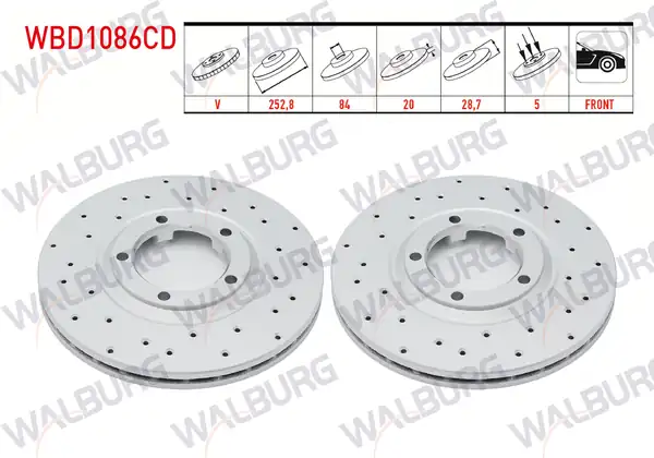 WALBURG WBD1086CD | Fren Diski Ön Havalı Kaplamalı Performans Delikli 5 Bjn 252 8x20x84x28 7 Hyundai H100 2 5 D 1993 2004 2 Adet