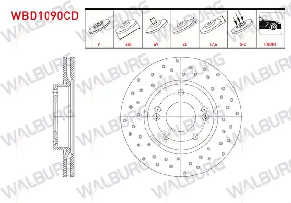 WALBURG WBD1090CD | Fren Diski Ön Havalı Kaplamalı Performans Delikli 5 Bjn | 2 Adet