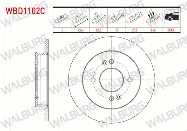 WALBURG WBD1102C | Fren Diski Arka Düz Kaplamalı 4 Bjn 234X10x62,5X37,5 Hyundai | 2 Adet