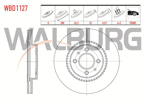 WALBURG WBD1127 | Fren Diski Ön Havalı 4 Bjn 280X22x62,2X43,9 Kia Rio III | 2 Adet